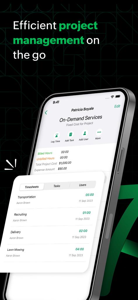 Zoho Billing app mobile interface showing project management tools and timesheet entries for tracking billable hours