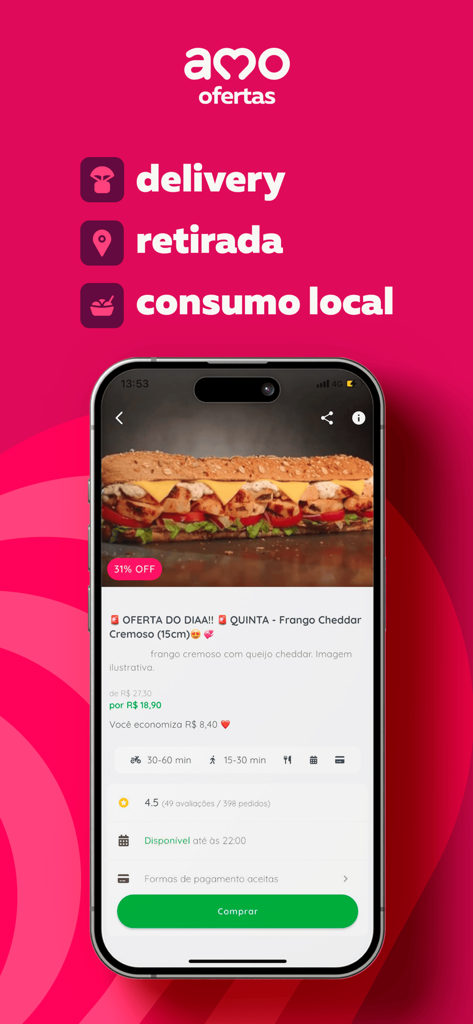 amo ofertas - Smartphone screen displaying the amo ofertas app with a discount on a chicken cheddar sandwich and delivery options