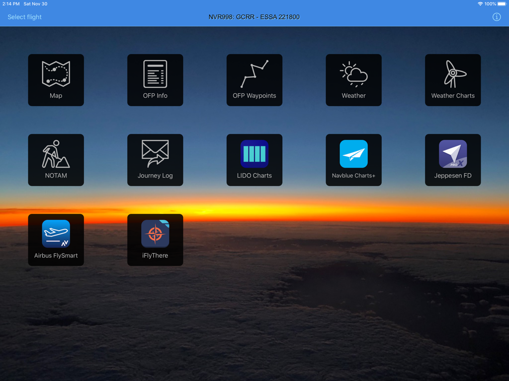 Flight Briefing - Painel do aplicativo iPad Briefing de Voo mostrando ícones de navegação e ferramentas meteorológicas de aviação