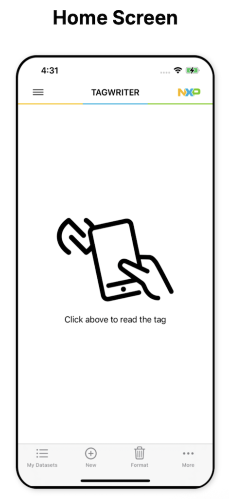 NFC TagWriter by NXP home screen with tap to read tag illustration