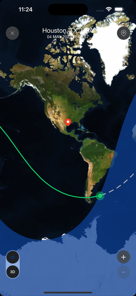 Real-time 2D map view showing the trajectory and location of the International Space Station over the Americas.