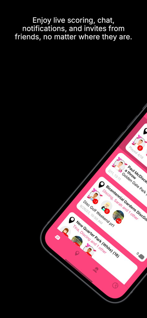 Fil social et écran de score en direct de l'application Upsi Disc Golf.