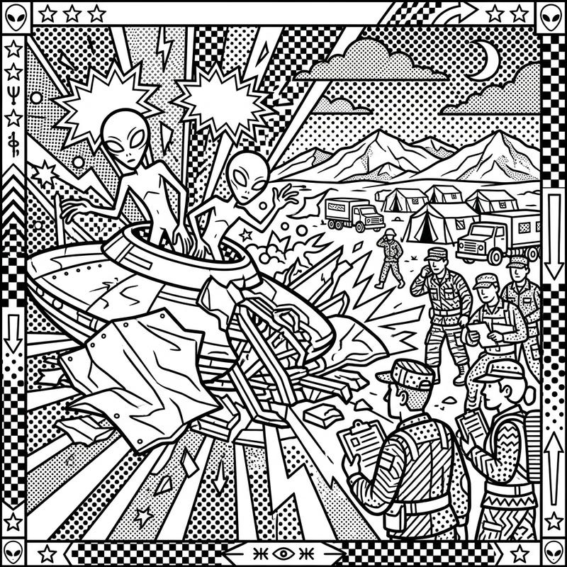 Uncover the secrets of the Roswell Incident with this captivating Pop Art coloring page. Featuring a dramatic UFO crash and alien encounter, it's a thrilling journey for your coloring creativity.