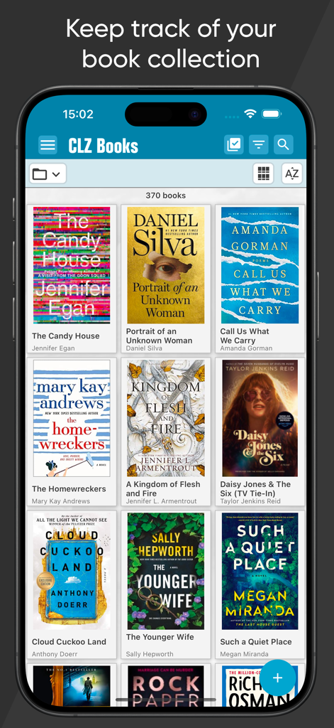 CLZ Books app interface displaying a grid view of a cataloged book collection on a smartphone.