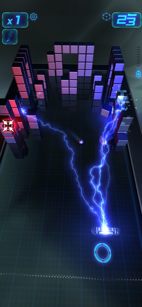 Micro Breaker gameplay showing blue lightning arcing from the paddle to smash 3D neon bricks