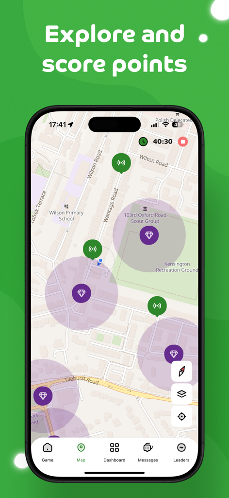 Map view in the Beat the Street app showing locations to score points and collect gems