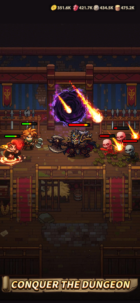 Top Heroes: Kingdom Saga - Pixel art heroes battling a skeleton boss and minions in a dungeon level of Top Heroes Kingdom Saga.
