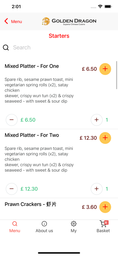 Pantalla del menú de entrantes de la aplicación de comida para llevar china Golden Dragon Truro que muestra varias opciones de platos y precios