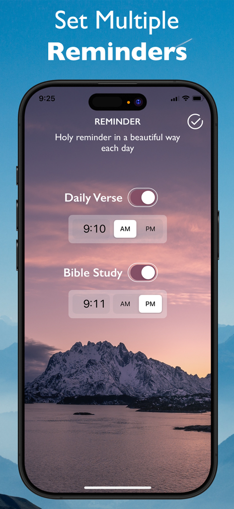 A mobile app screen titled Set Multiple Reminders showing notification settings for Daily Verse and Bible Study over a scenic mountain landscape background.
