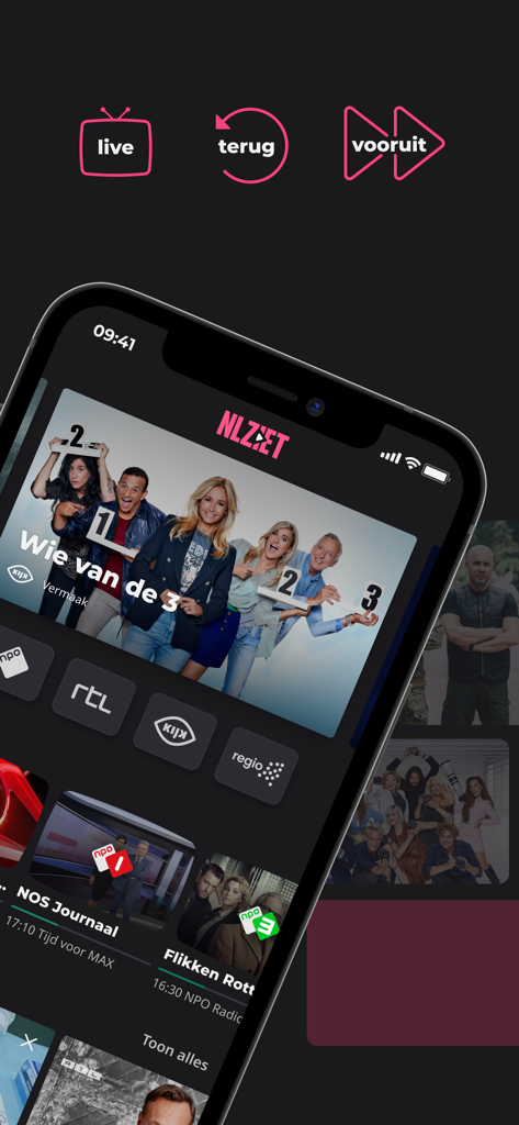 NLZIET | Online tv-kijken - Mobile app interface of NLZIET showing live Dutch TV channels and programs like NOS Journaal and Wie van de 3.