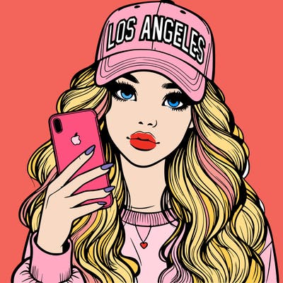 realistic beautiful girl wearing los ángeles cap holding an iphone