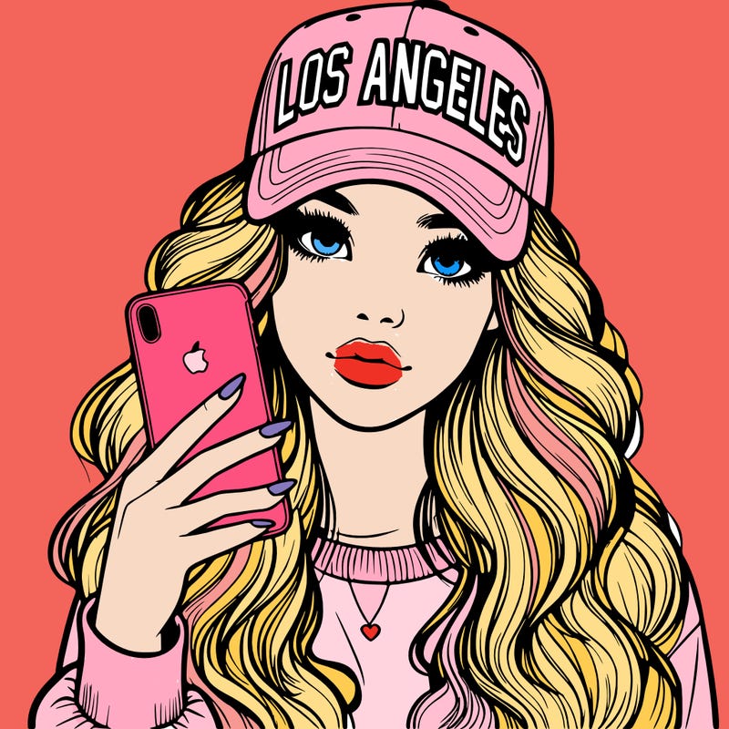 realistic beautiful girl wearing los ángeles cap holding an iphone