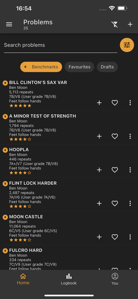 Moon Board - A list of bouldering problems in the Moon Board app showing benchmark routes with grades and star ratings