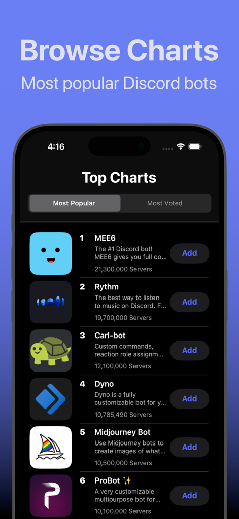 Bots for Discord - Interfaccia dell'app Bot per Discord che mostra le classifiche dei bot Discord più popolari, tra cui MEE6 e Rythm