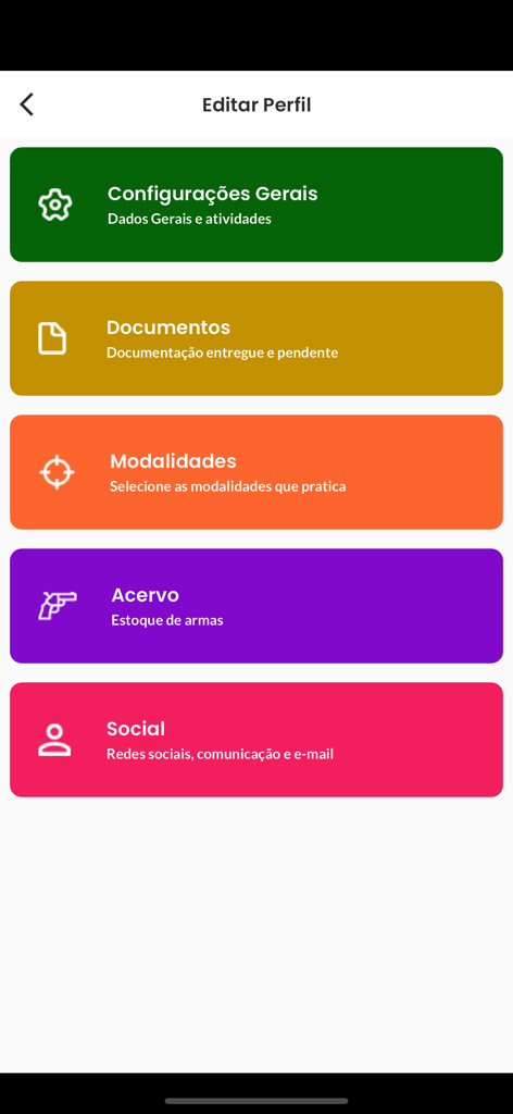 Menú de edición de perfil de la aplicación Atirador Shooting House con opciones de configuración general, documentos, modalidades de tiro, inventario de armas y redes sociales