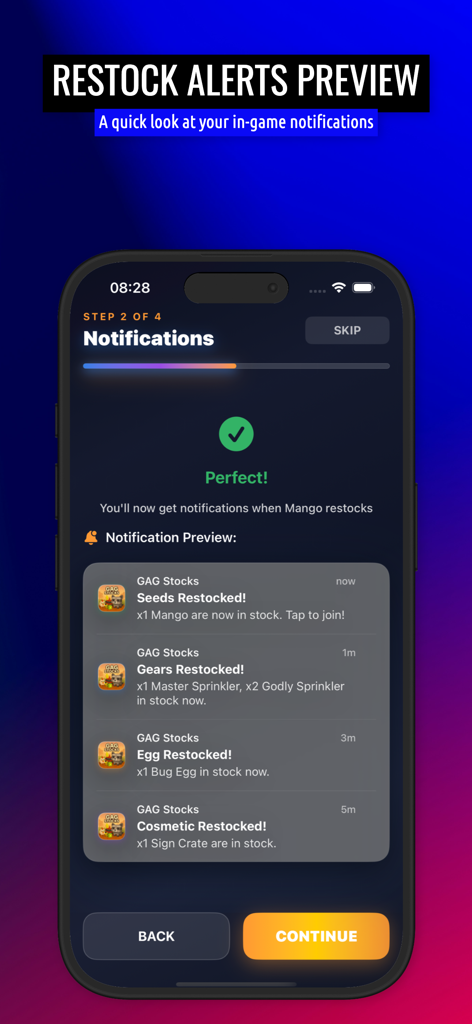 GAG Stocks - Preview of restock alerts in the GAG Stocks app showing notifications for seeds, gears, eggs, and cosmetics.