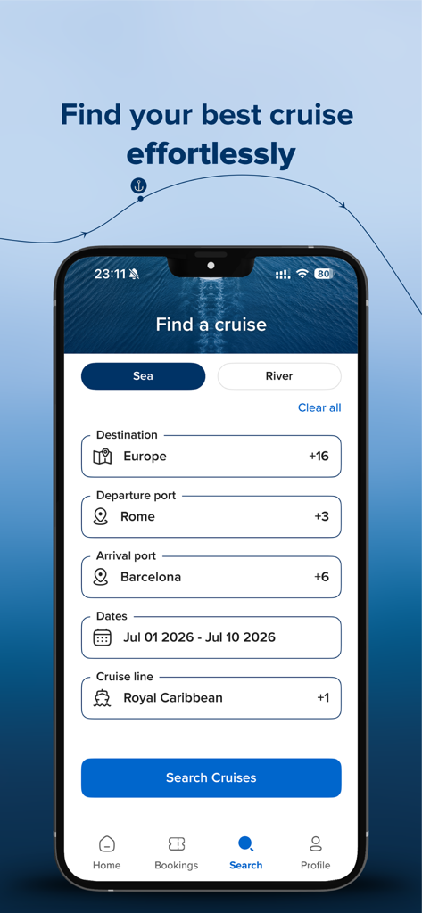 目的地、出発港、旅行日のフィルターが表示されているChooseCruiseアプリの検索画面。