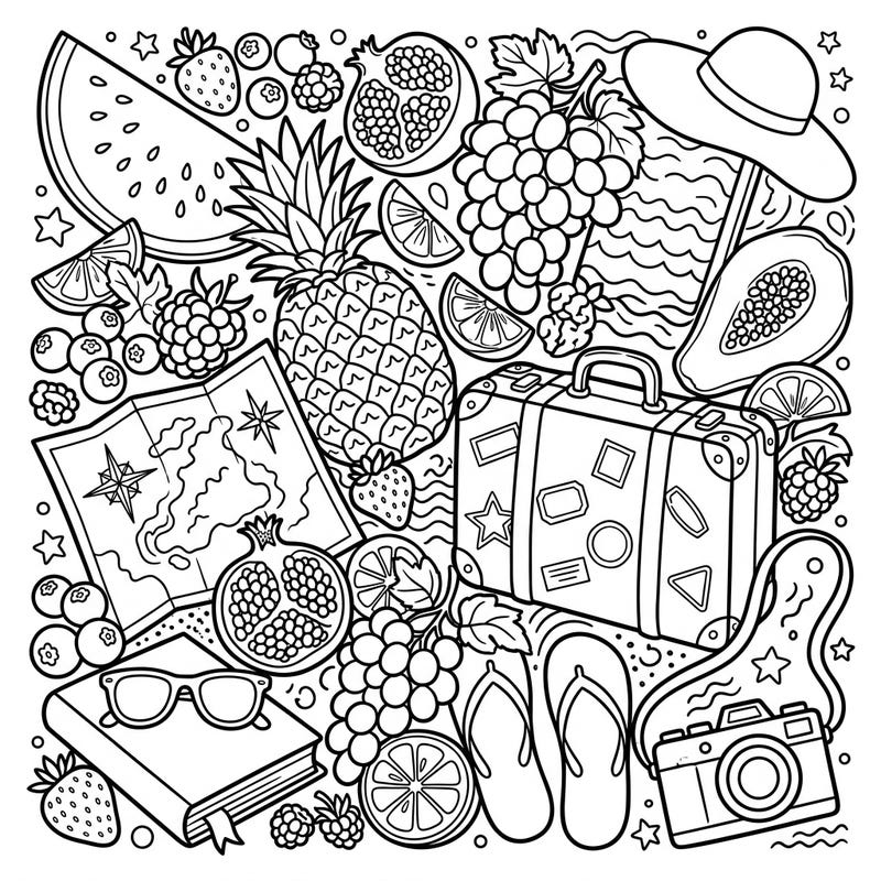 Embark on a colorful journey with this delightful coloring page featuring an abundance of juicy fruits and exciting vacation essentials. Perfect for anyone dreaming of a tropical getaway, this intricate design offers endless creative possibilities.