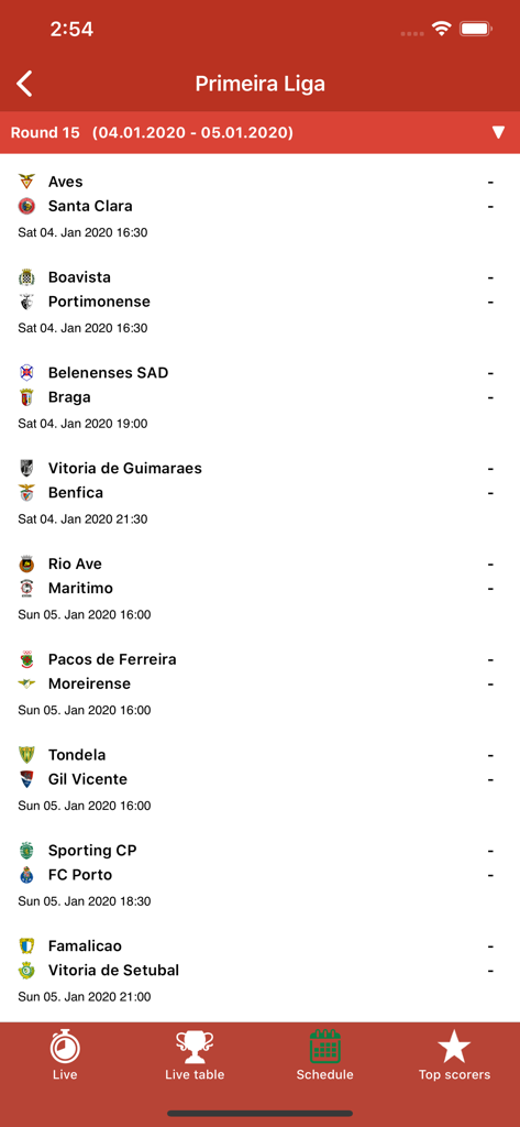 Football Portugal - ポルトガル・フットボールアプリにプリメイラ・リーガのリーグスケジュールと試合時間が表示されている画面
