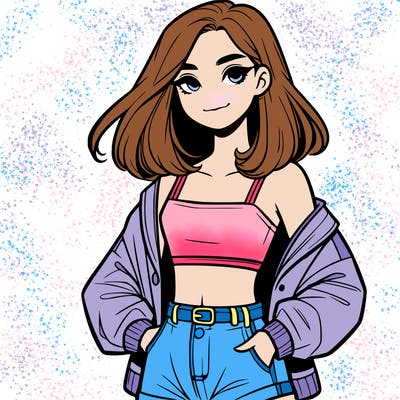 a realistic girl with a crop top and short shorts in an open jacket