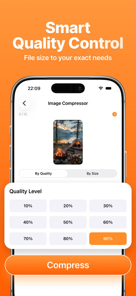 Photo Compressor: Resize MB - Smartphone interface showing image quality compression settings from 10 to 90 percent