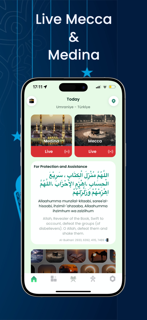 A mobile app interface displaying live streams from Mecca and Medina and a daily Dua for protection.