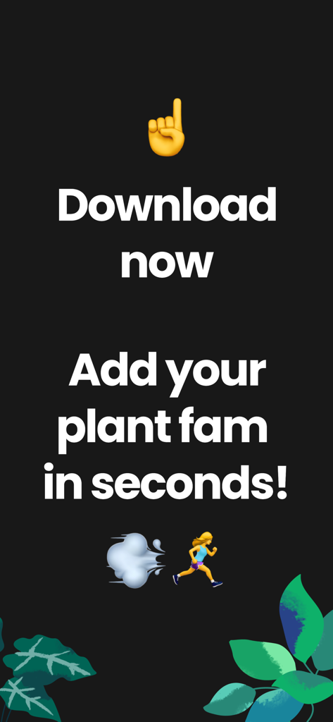 Greg: Plant Identifier & Care - Greg植物ケアアプリのプロモーショングラフィック。ダウンロードして数秒で植物を追加するようにユーザーに促すテキストが表示されている。