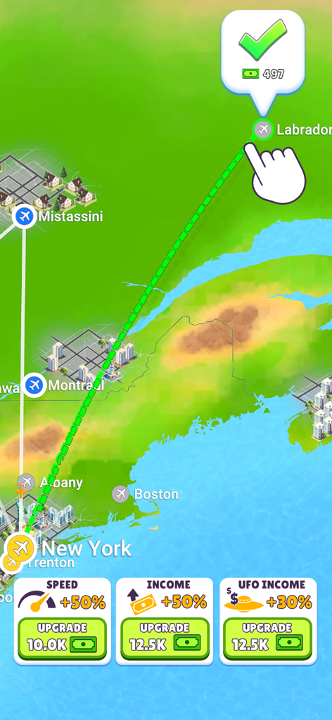 Fly Connect: Explore the World - A flight route being drawn from New York to Labrador on a map in the Fly Connect mobile game