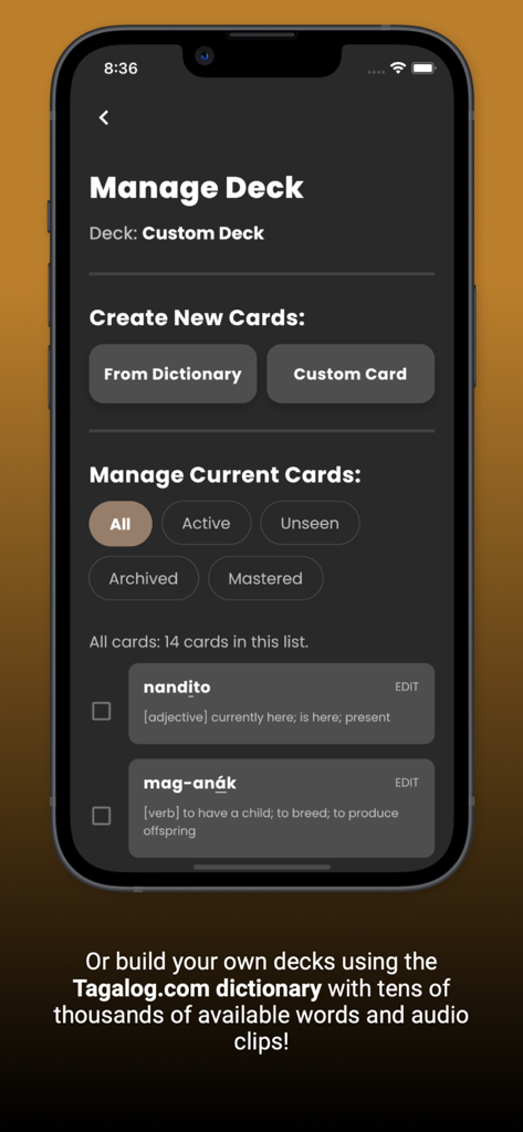 Tagalog Decks - Screen of Tagalog Decks app showing the Manage Deck interface with options to create and organize custom vocabulary flashcards
