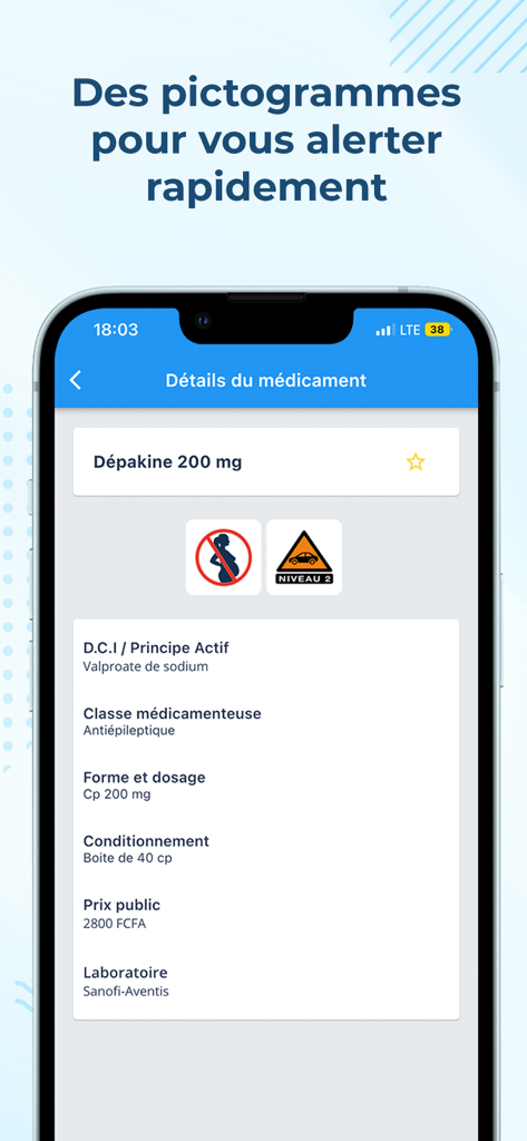Med Index Pro - Pantalla de la aplicación Med Index Pro mostrando detalles del fármaco Depakine con pictogramas de seguridad para embarazo y conducción