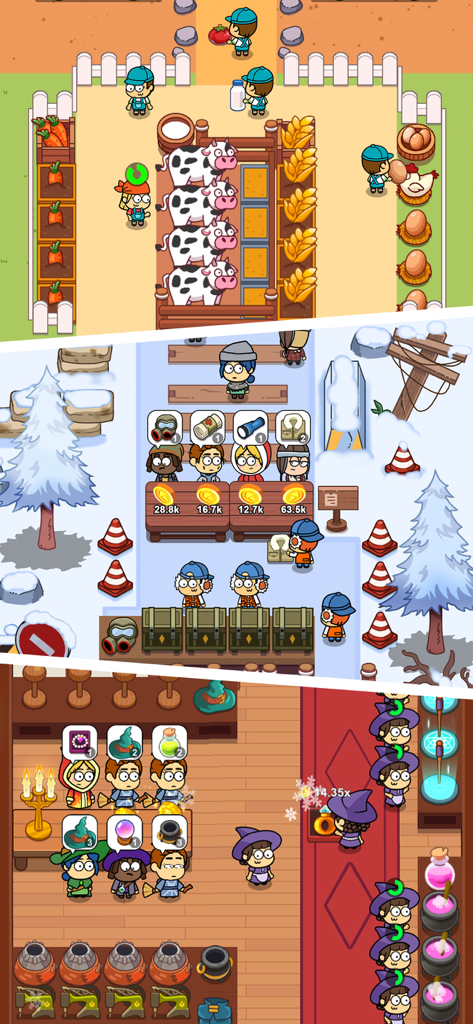 Idle Food Bar: Olivia & Oliver - A vertical collage showing three different gameplay scenes including a farm ranch, a winter supply shop, and a magical wizardry store.