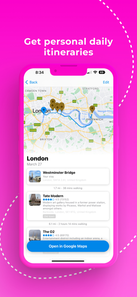 TripWise AI Travel Planner - TripWise AI Travel Planner screen displaying a daily itinerary and map for London