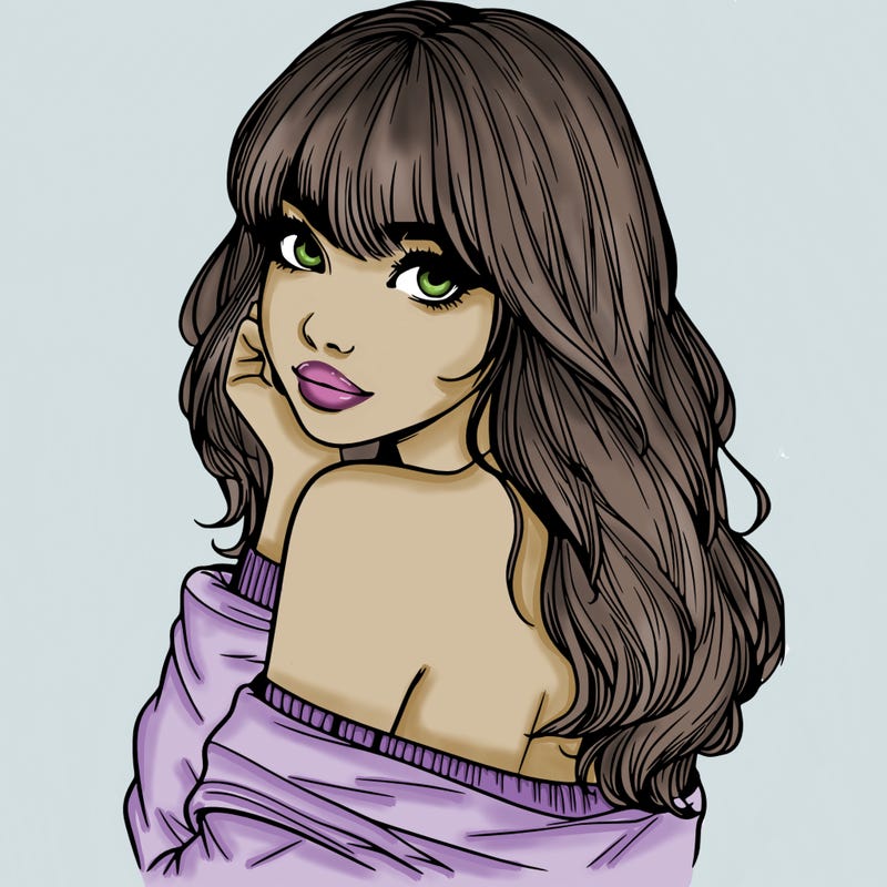 realistic girl with bangs looking over her shoulder