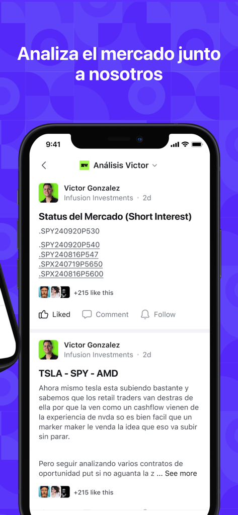 Feed social do aplicativo Infusion Investments mostrando posts de análise de mercado e interações da comunidade em espanhol