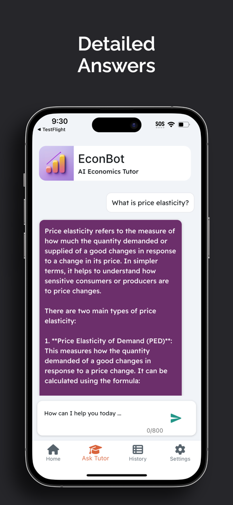 Economics AI - Econ Answers - EconBot AI tutor providing a detailed explanation of price elasticity in the Economics AI app chat interface.