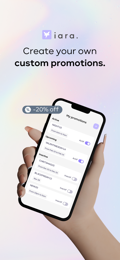 iara. - Smartphone zeigt den Bildschirm zur Verwaltung benutzerdefinierter Werbeaktionen der iara App