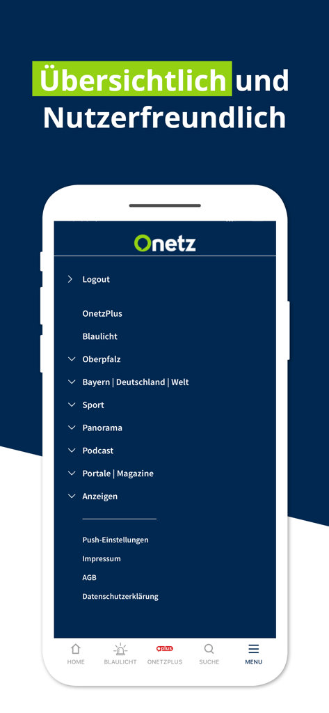Onetz - Onetz news app menu interface showing local and regional categories with a user friendly layout