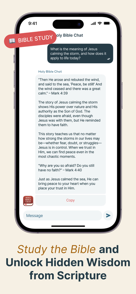 Interfaz de la aplicación Haven Bible Chat que muestra una conversación interactiva de estudio bíblico en un teléfono inteligente
