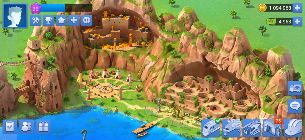 Screenshot di gioco di Megapolis che mostra antiche abitazioni rupestri e tende tipi