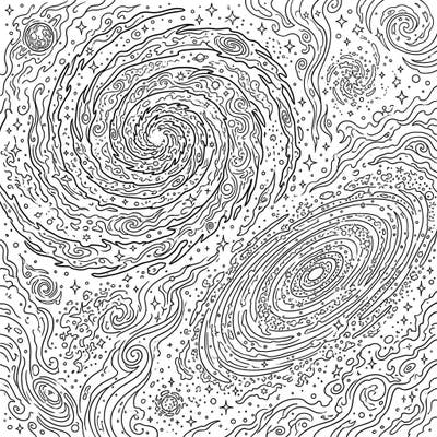 Immerse yourself in the boundless beauty of space with this intricate adult coloring page. Discover a universe teeming with mesmerizing galactic patterns, spirals, and shimmering stars, designed for a deeply engaging and relaxing creative escape.