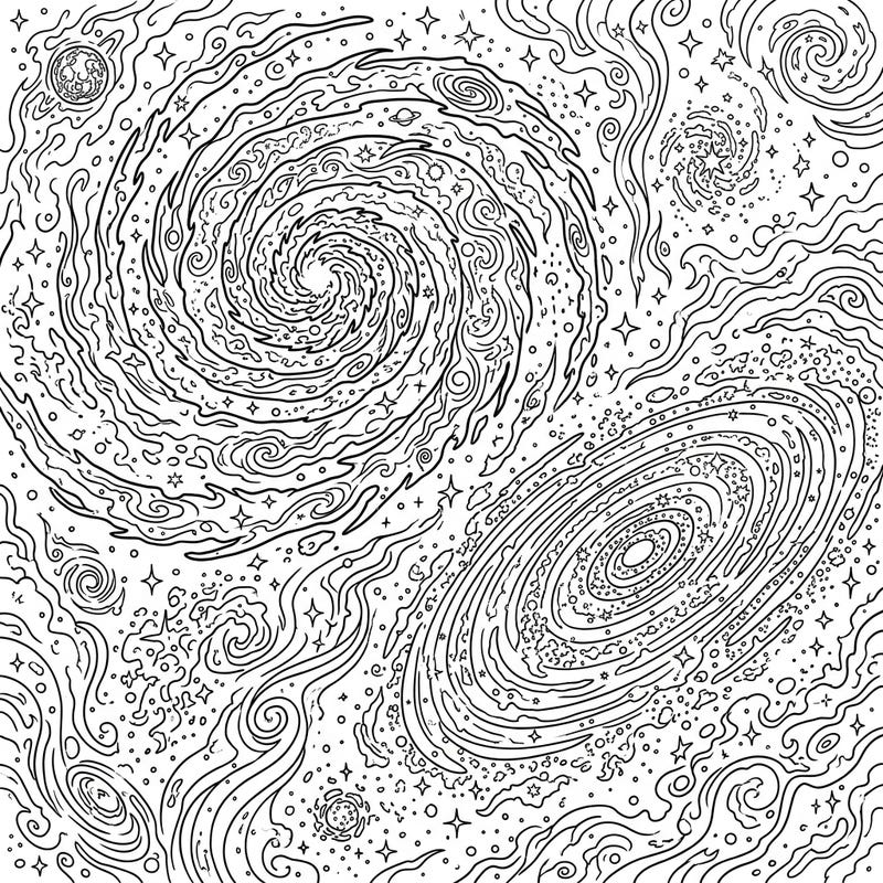 Immerse yourself in the boundless beauty of space with this intricate adult coloring page. Discover a universe teeming with mesmerizing galactic patterns, spirals, and shimmering stars, designed for a deeply engaging and relaxing creative escape.