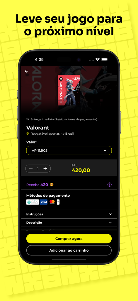 Bonoxs - App mobile Bonoxs che mostra una pagina di acquisto di buoni regalo Valorant con opzioni di pagamento come Pix e Visa