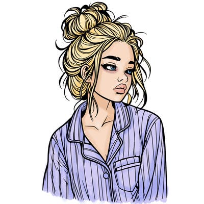 realistic woman with pajamas on and a messy bun