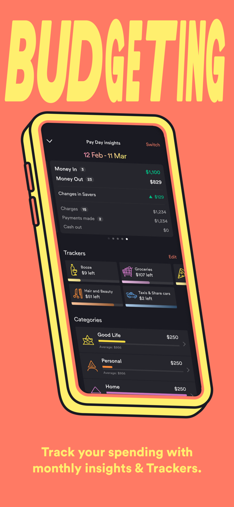 Smartphone showing Up app budgeting features with spending trackers and monthly insights