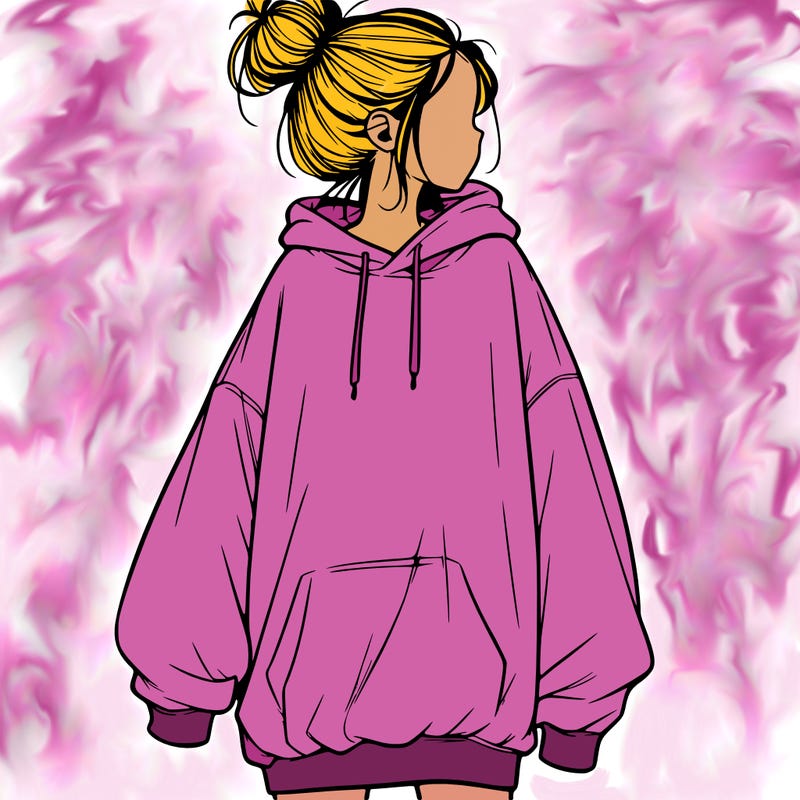 realistic girl with a oversized sweatshirt on and a bun