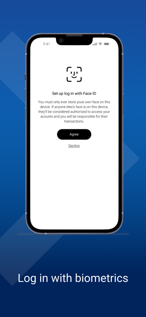 Colonial First State app screen showing the setup for biometric login with Face ID.