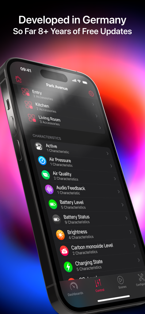 HomeDash - HomeDash app on an iPhone showing smart home characteristics like air quality battery level and brightness for HomeKit devices