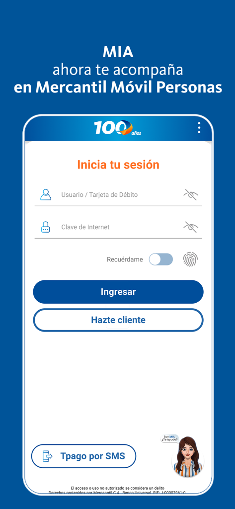 Mercantil Banco - Login screen of the Mercantil Banco mobile application showing username and password input fields with biometric authentication options