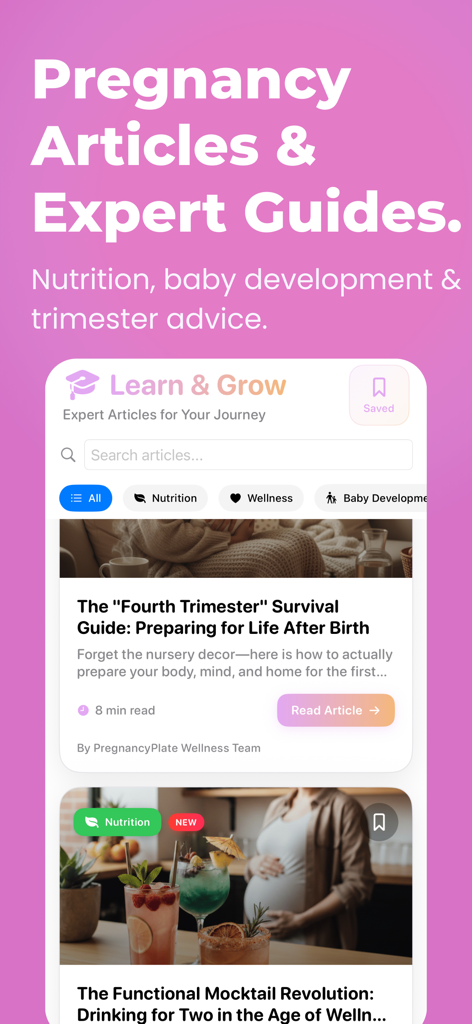 Pregnancy Food: PregnancyPlate - 임신 영양 및 아기 발달에 대한 전문가 기사 및 가이드 라이브러리를 보여주는 PregnancyPlate 앱 스크린샷