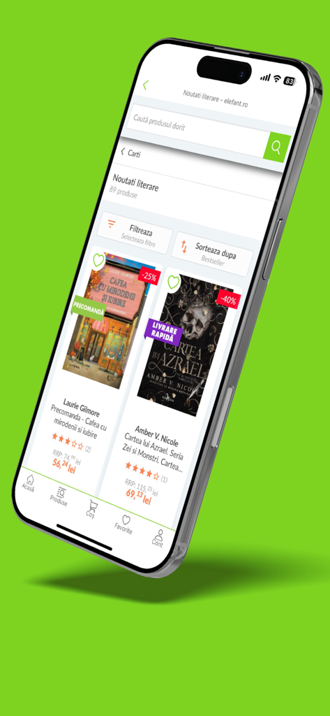 elefant.ro 앱 화면 캡처, 가격 및 할인과 함께 루마니아 서적 선택 표시